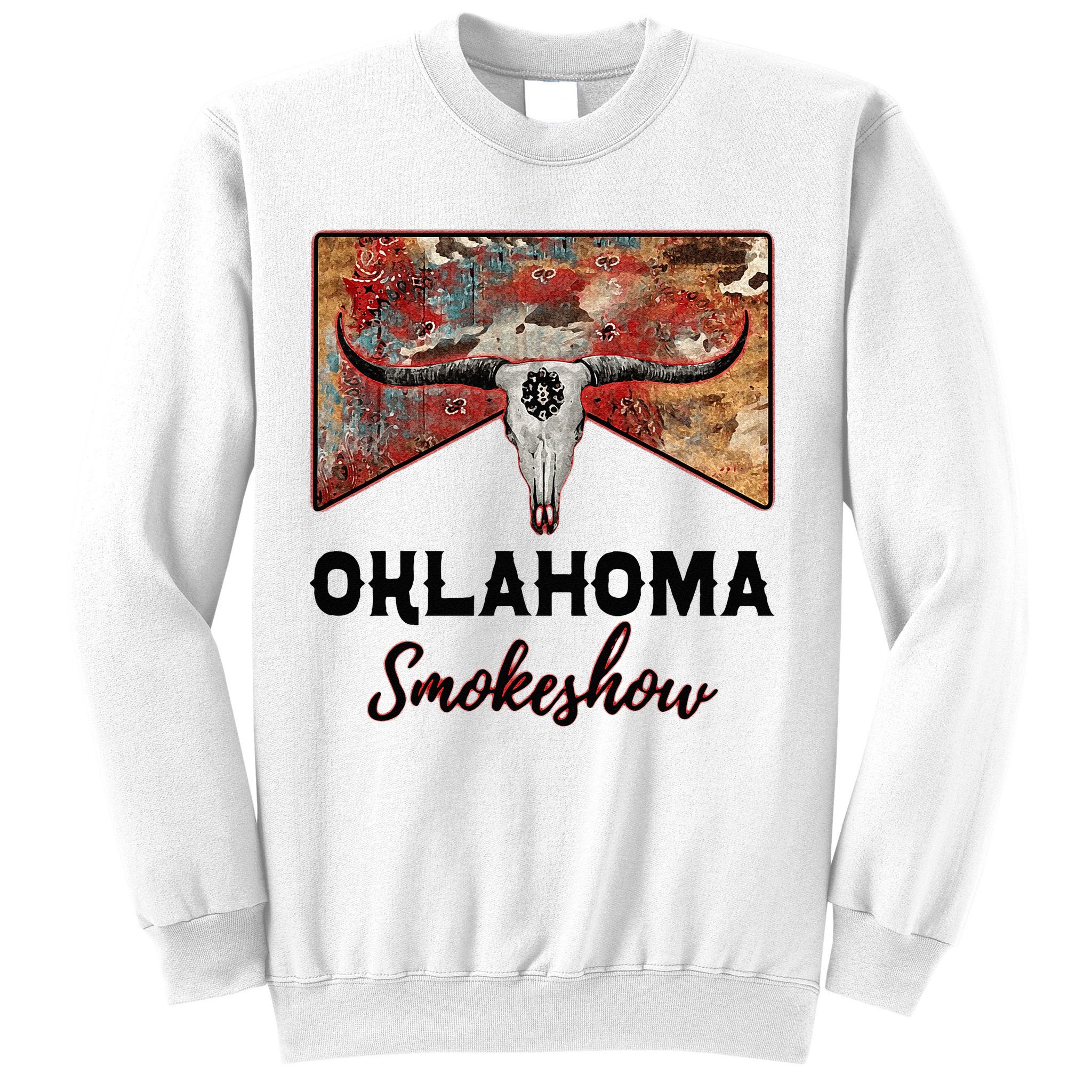 Boho Bull Skull Cow Print Oklahoma Smokeshow Western Country Sweatshirt