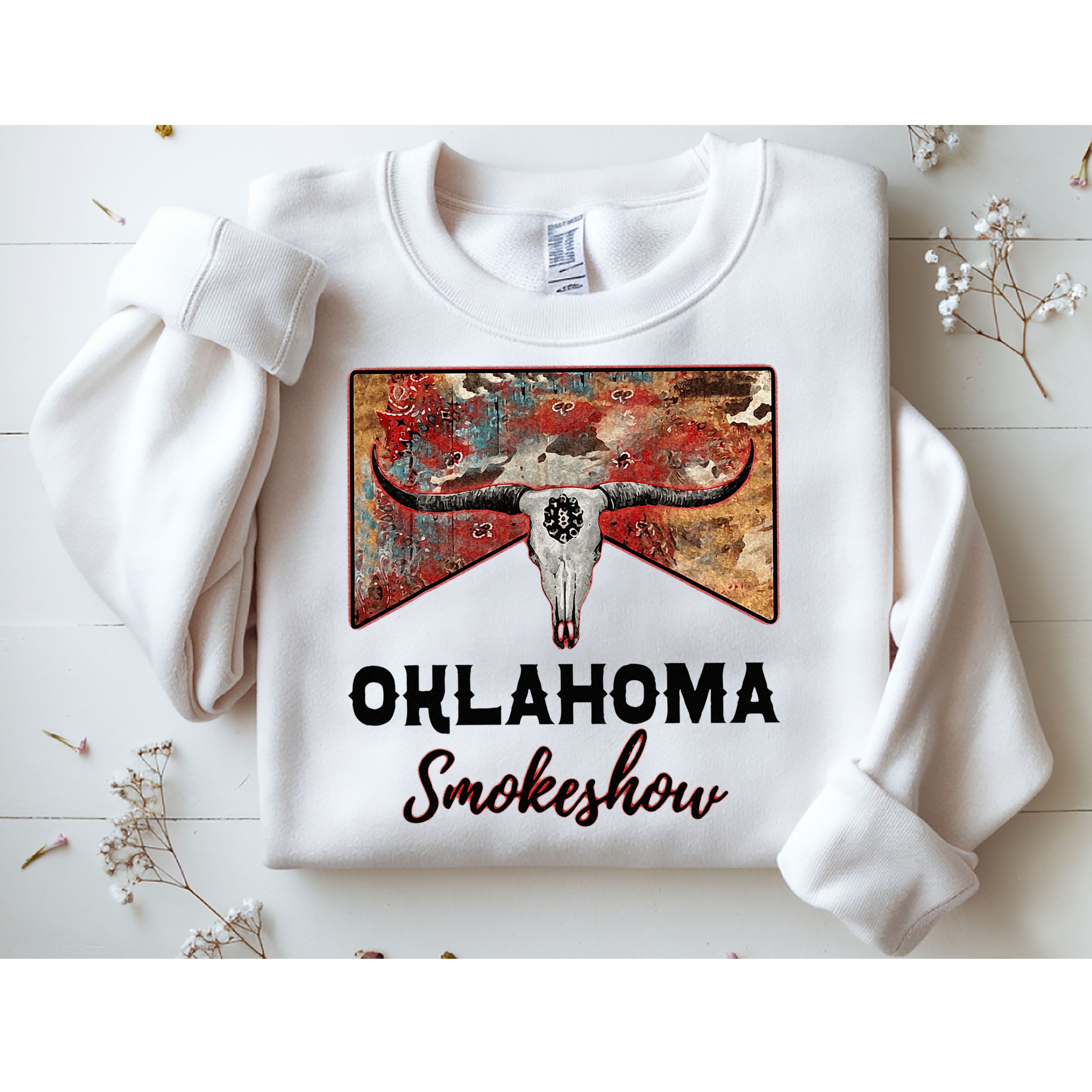 Boho Bull Skull Cow Print Oklahoma Smokeshow Western Country Sweatshirt