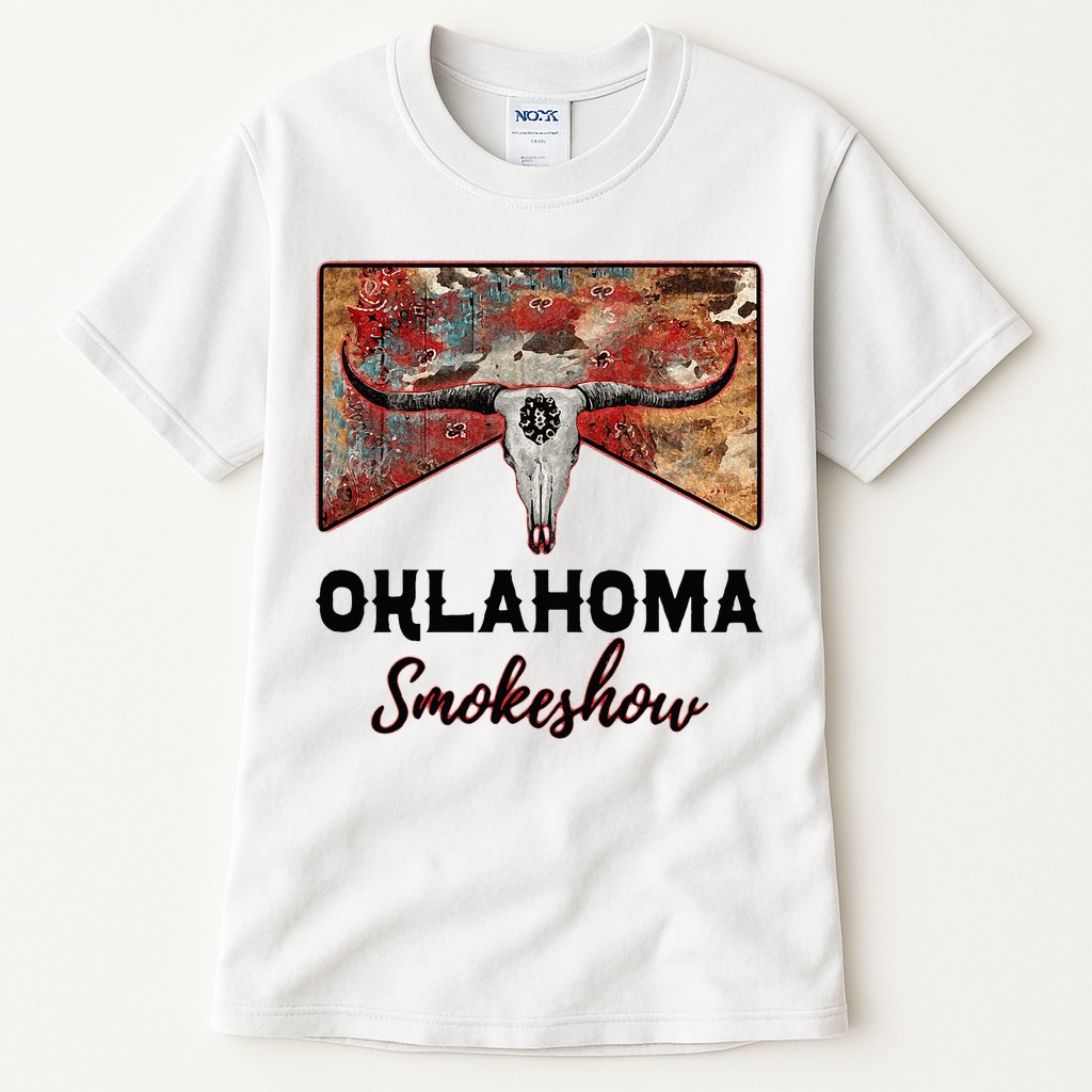 Boho Bull Skull Cow Print Oklahoma Smokeshow Western Country Tall T-Shirt