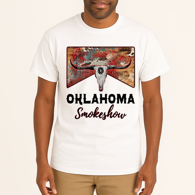 Boho Bull Skull Cow Print Oklahoma Smokeshow Western Country Tall T-Shirt