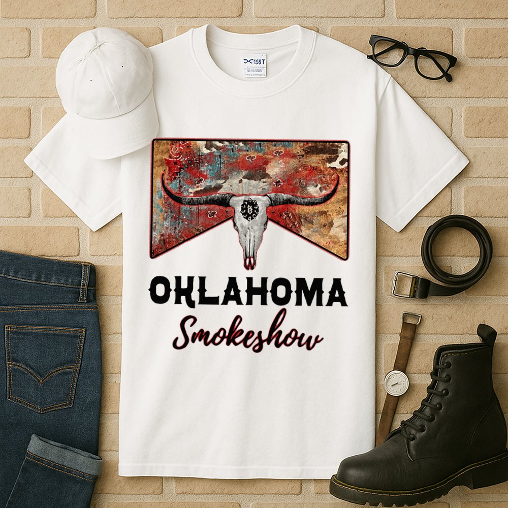 Boho Bull Skull Cow Print Oklahoma Smokeshow Western Country Tall T-Shirt