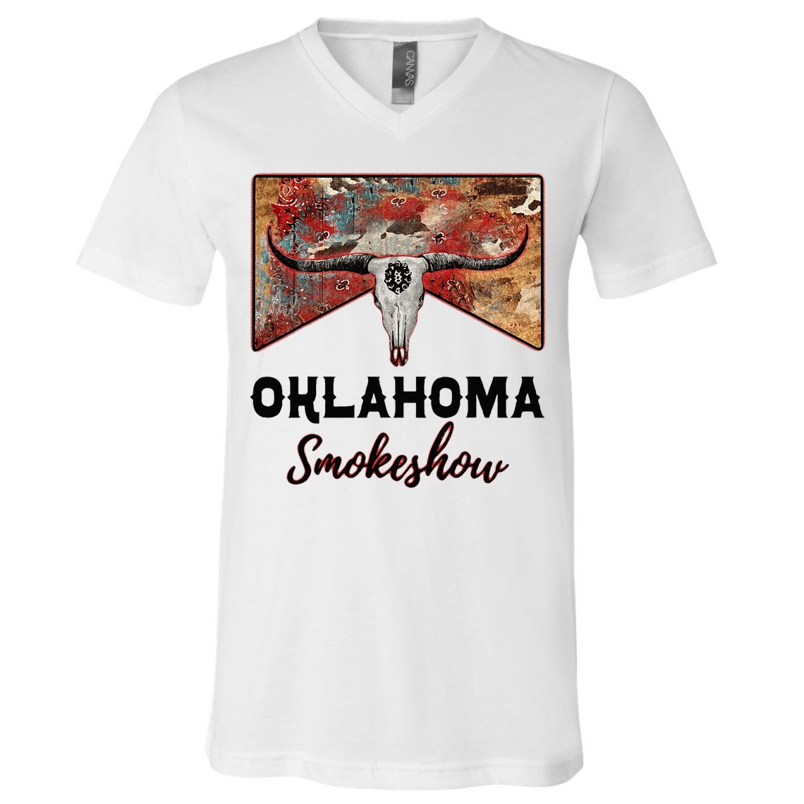 Boho Bull Skull Cow Print Oklahoma Smokeshow Western Country V-Neck T-Shirt