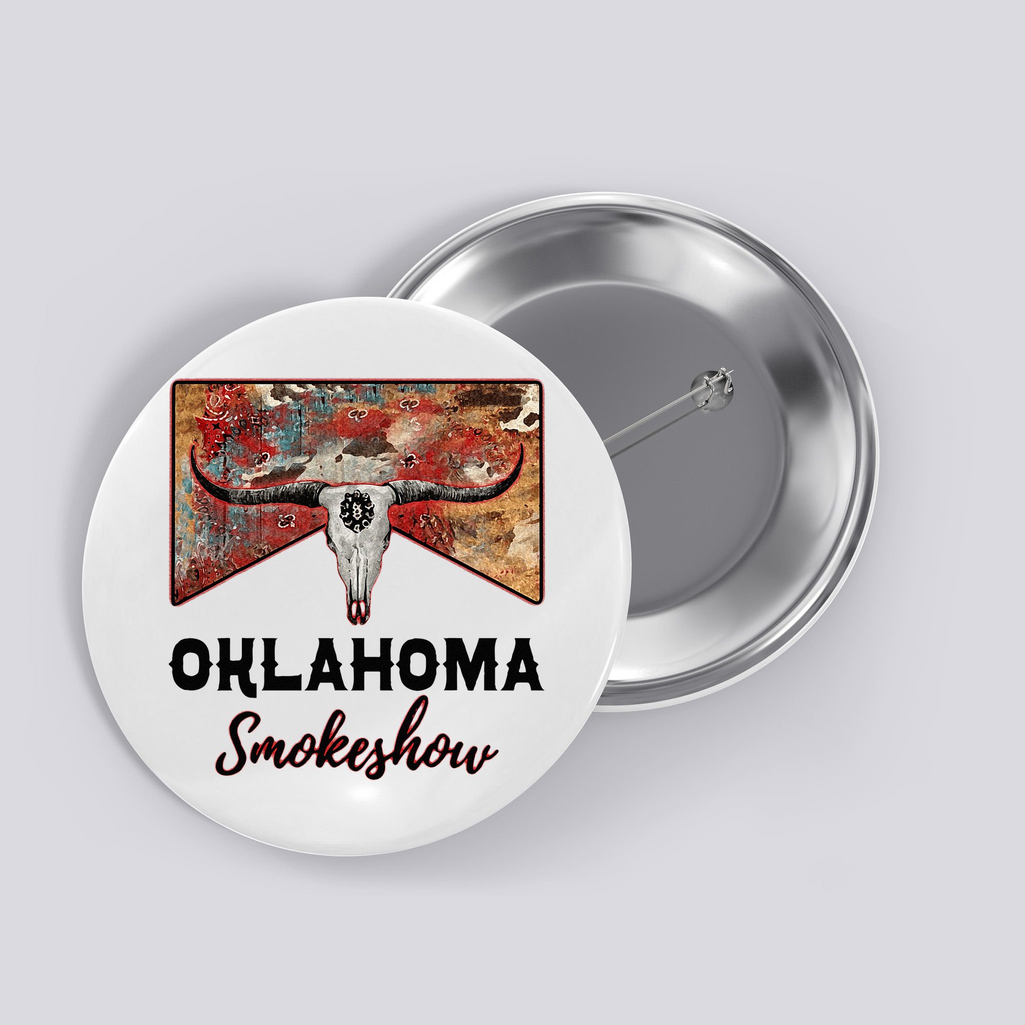 Boho Bull Skull Cow Print Oklahoma Smokeshow Western Country Button
