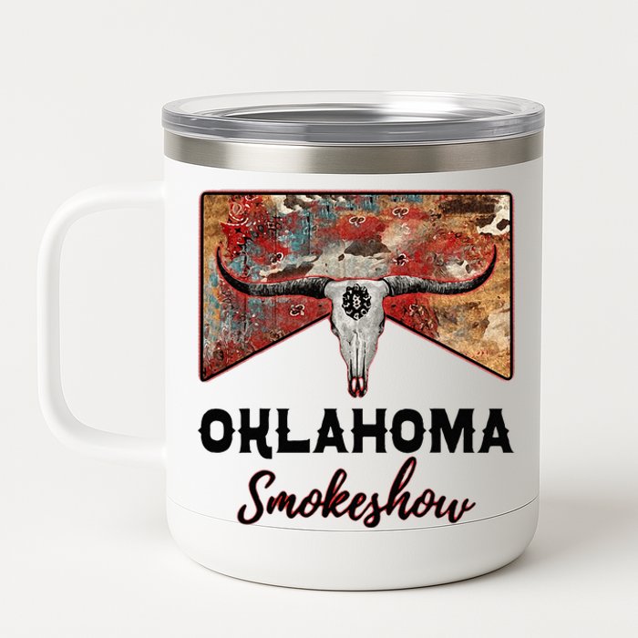 Boho Bull Skull Cow Print Oklahoma Smokeshow Western Country 12 oz Stainless Steel Tumbler Cup