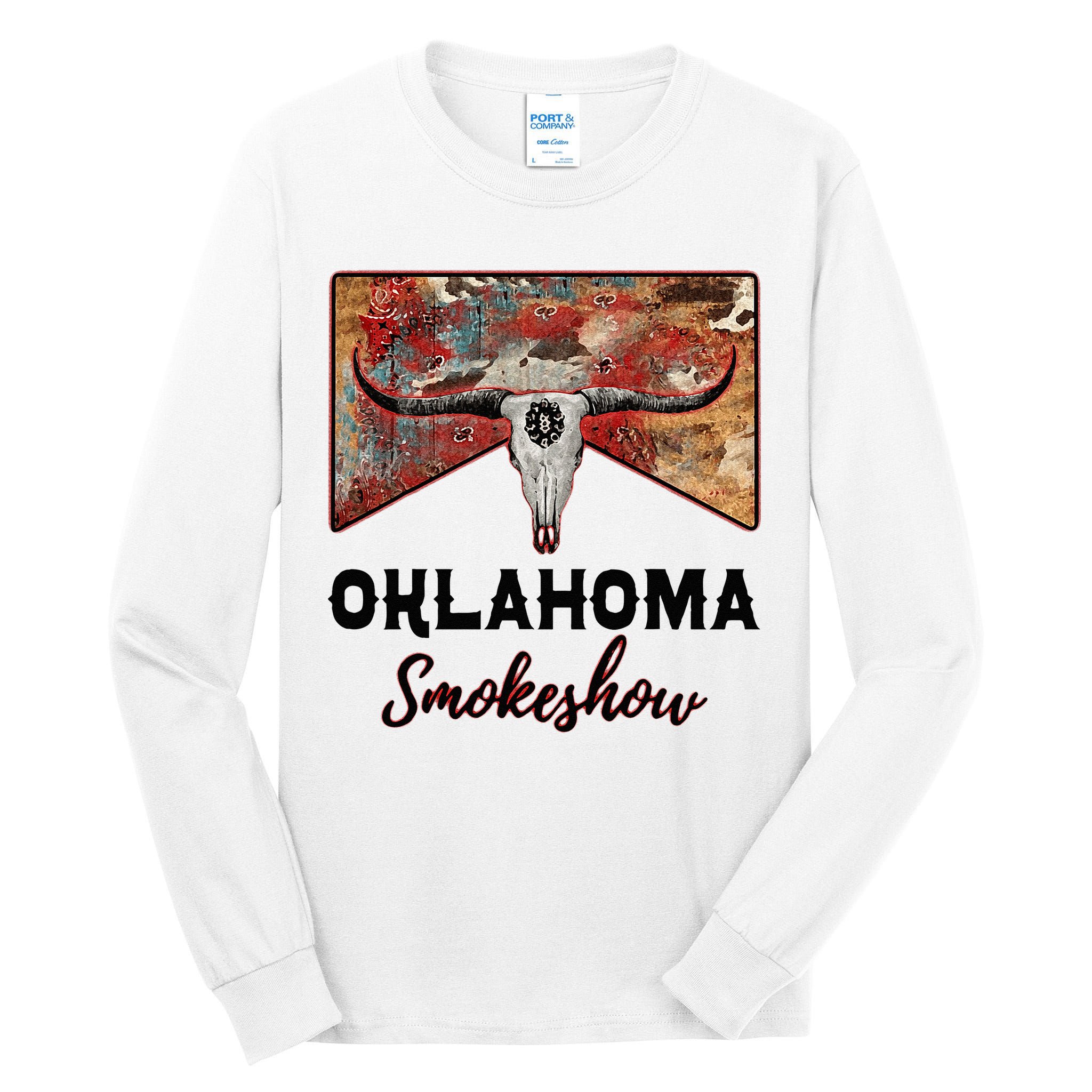 Boho Bull Skull Cow Print Oklahoma Smokeshow Western Country Tall Long Sleeve T-Shirt