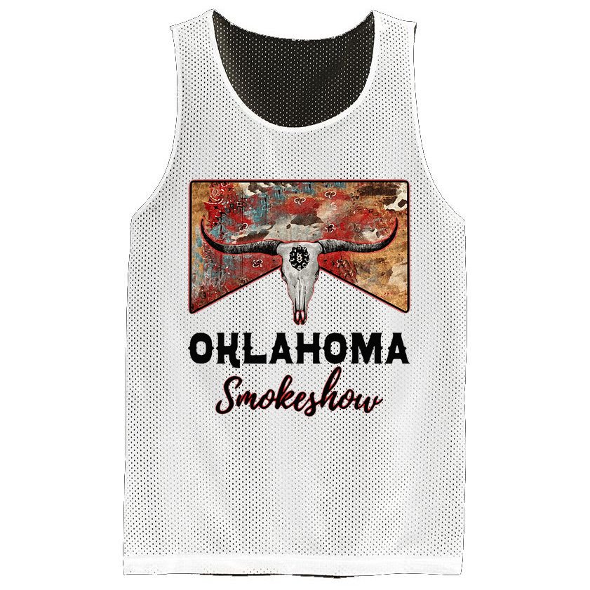 Boho Bull Skull Cow Print Oklahoma Smokeshow Western Country Mesh Reversible Basketball Jersey Tank