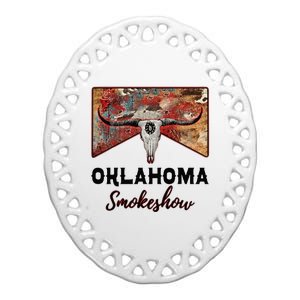 Boho Bull Skull Cow Print Oklahoma Smokeshow Western Country Ceramic Oval Ornament