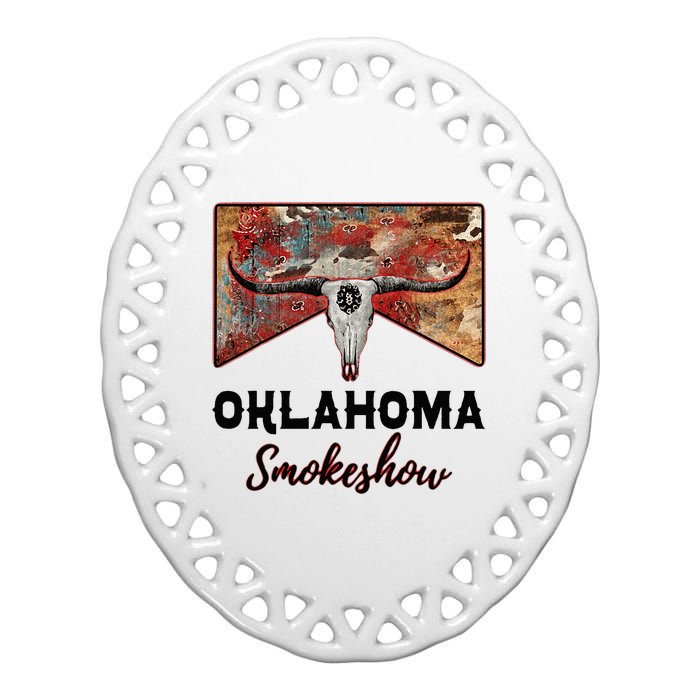 Boho Bull Skull Cow Print Oklahoma Smokeshow Western Country Ceramic Oval Ornament