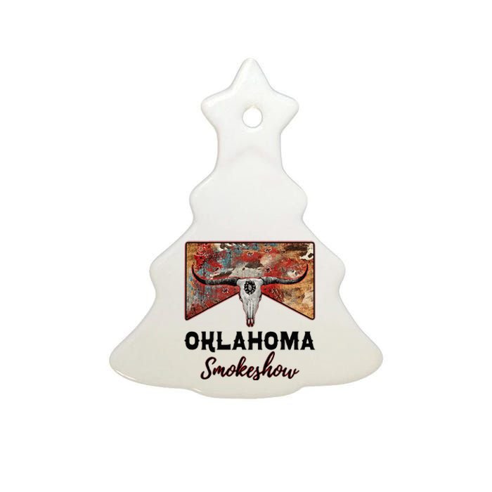 Boho Bull Skull Cow Print Oklahoma Smokeshow Western Country Ceramic Tree Ornament