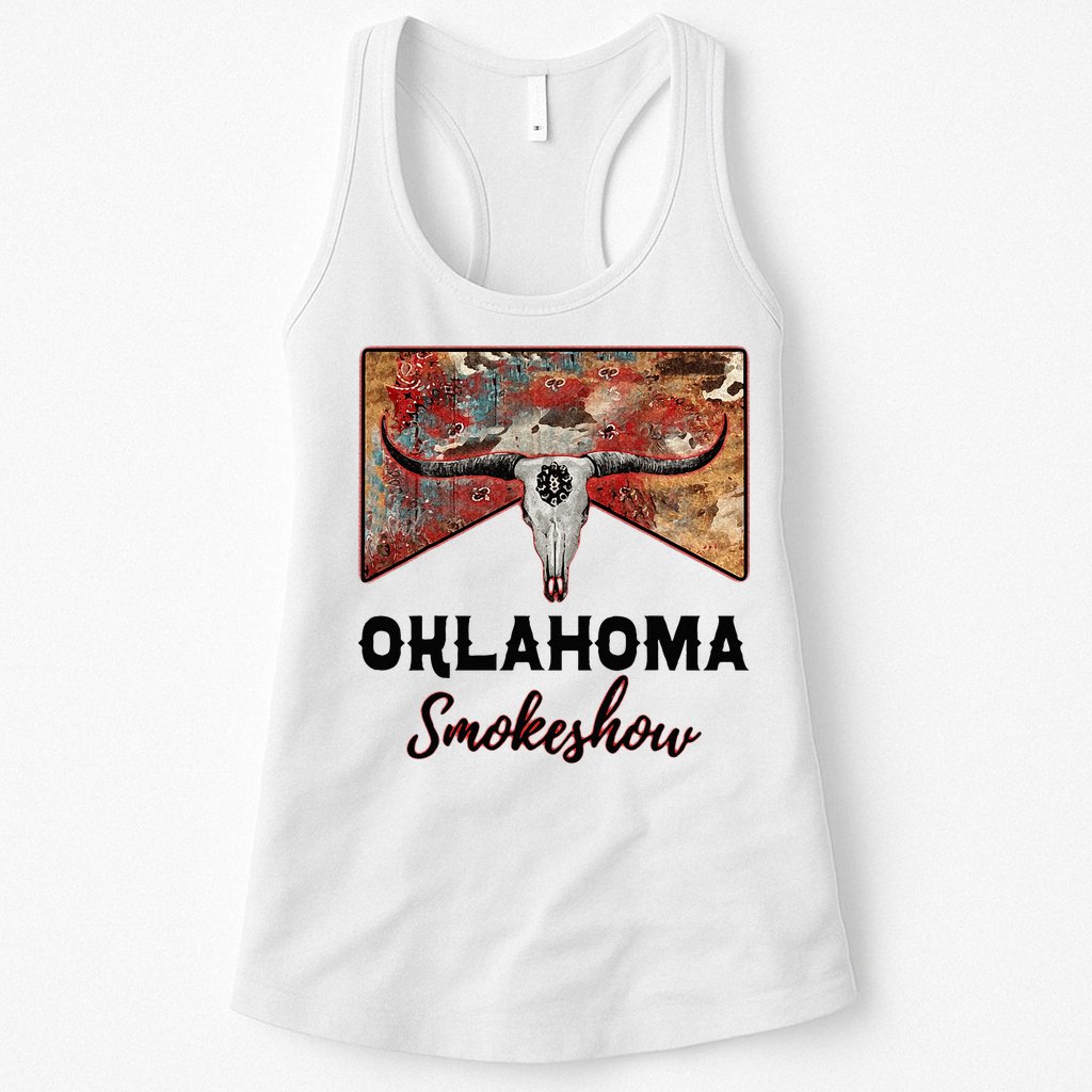 Boho Bull Skull Cow Print Oklahoma Smokeshow Western Country Womens Tank Top