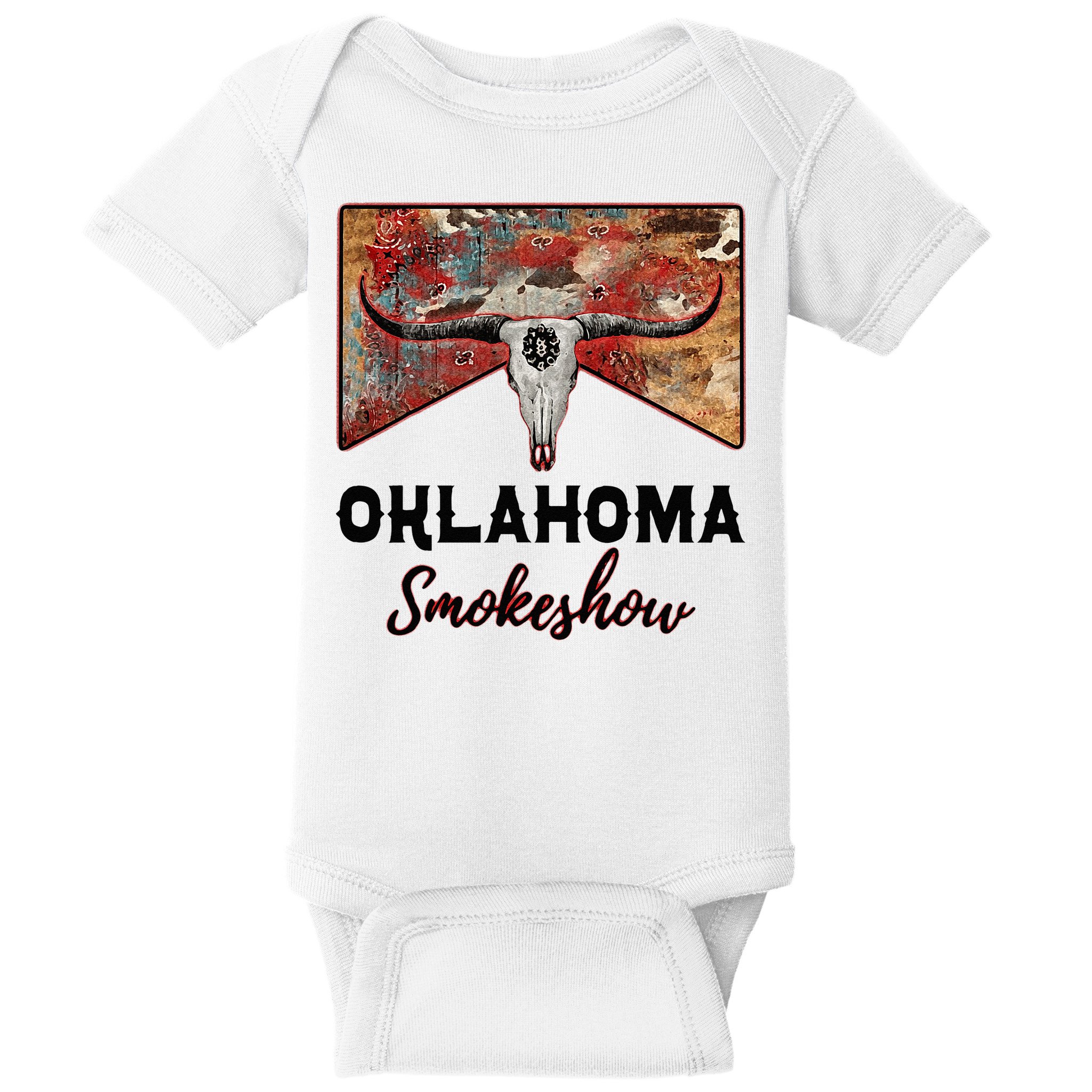Boho Bull Skull Cow Print Oklahoma Smokeshow Western Country Baby Bodysuit