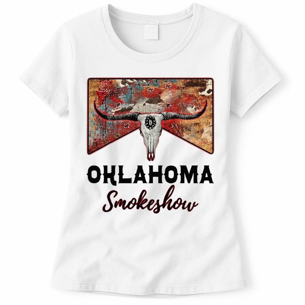 Boho Bull Skull Cow Print Oklahoma Smokeshow Western Country Womens T-Shirt