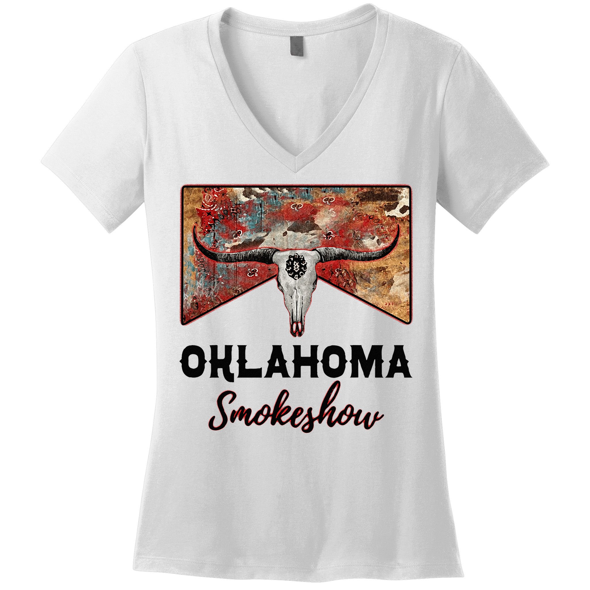 Boho Bull Skull Cow Print Oklahoma Smokeshow Western Country Women's V-Neck T-Shirt