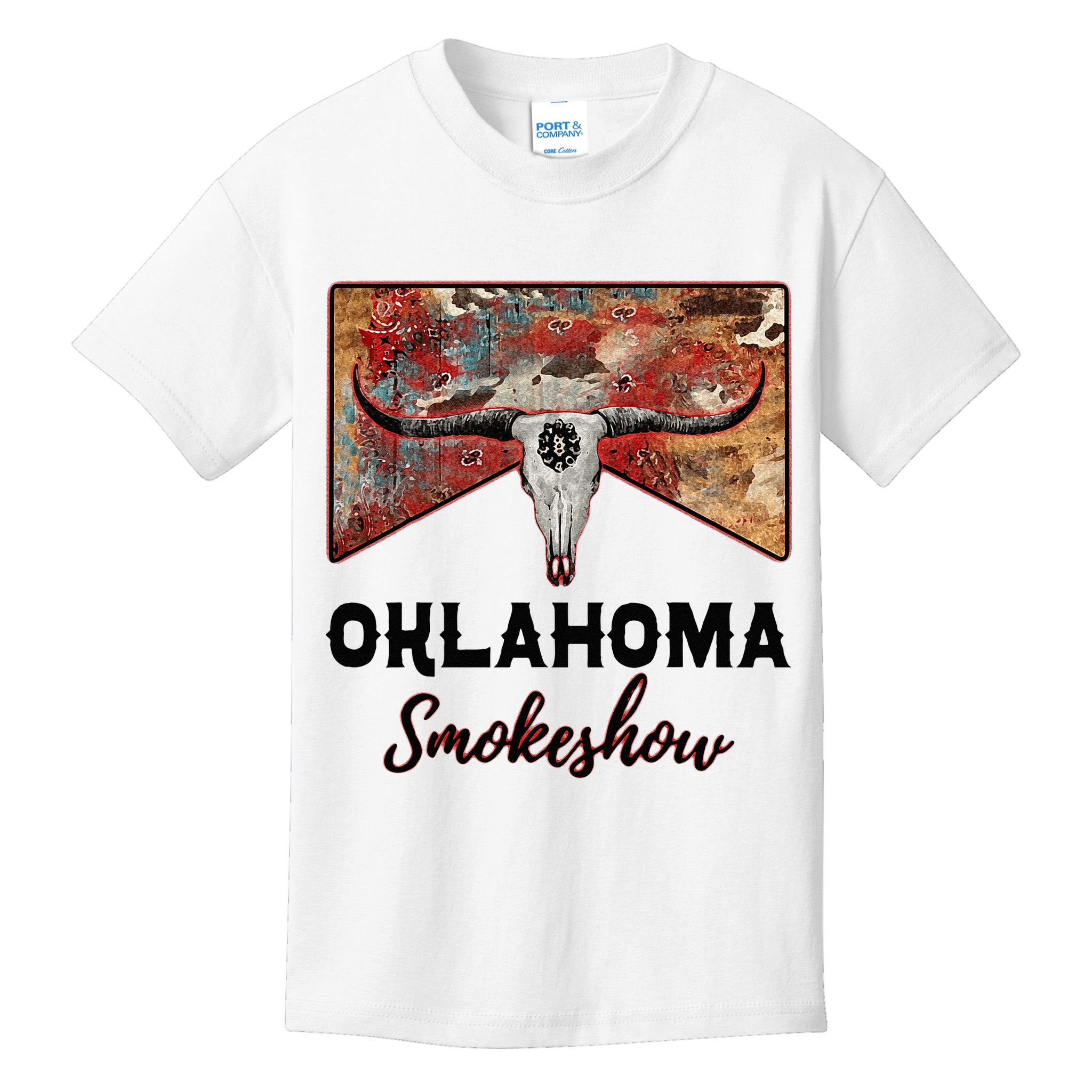 Boho Bull Skull Cow Print Oklahoma Smokeshow Western Country Kids T-Shirt