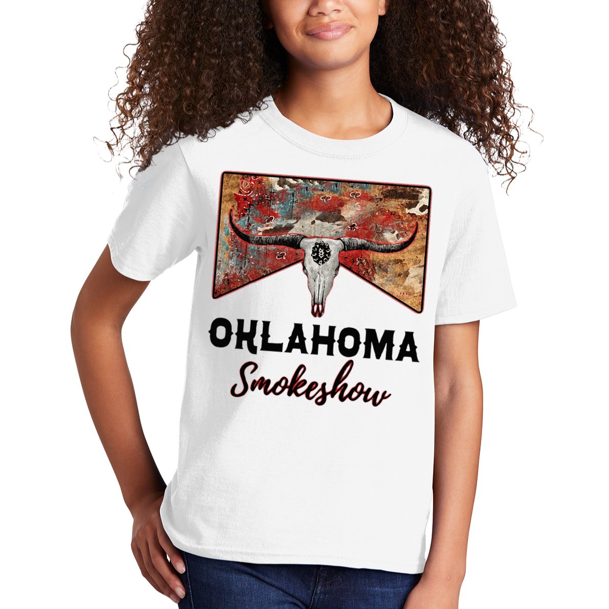 Boho Bull Skull Cow Print Oklahoma Smokeshow Western Country Kids T-Shirt
