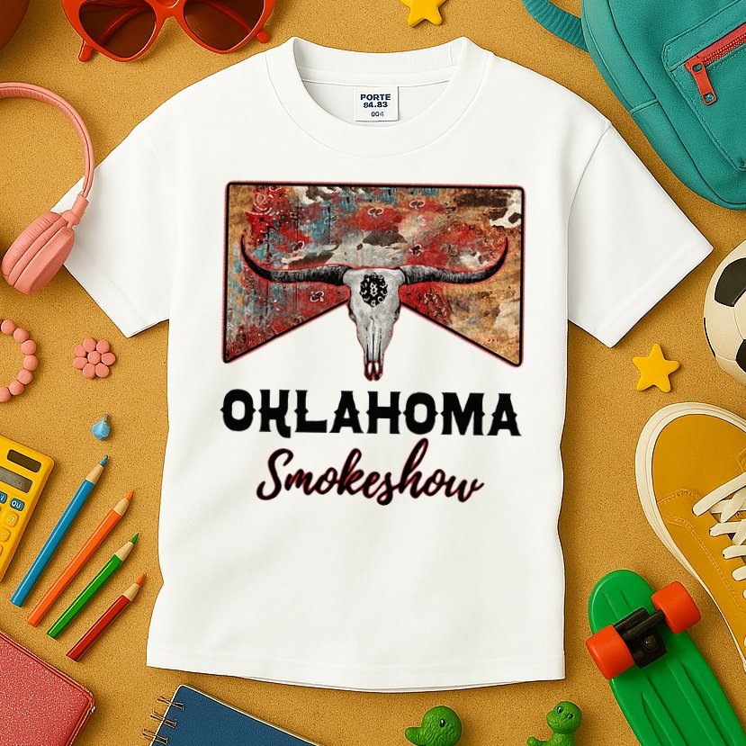 Boho Bull Skull Cow Print Oklahoma Smokeshow Western Country Kids T-Shirt