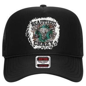 Beautiful Bull Skull Crazy Cow Skull Leopard High Crown Mesh Back Trucker Hat