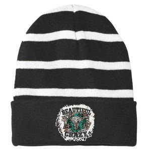 Beautiful Bull Skull Crazy Cow Skull Leopard Striped Beanie with Solid Band