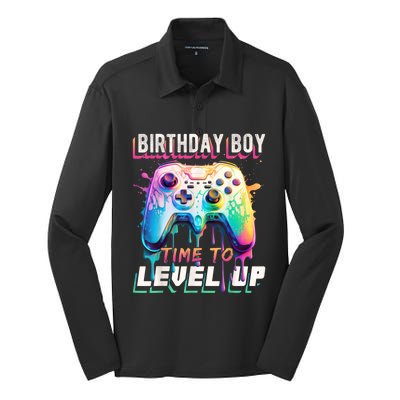 Birthday Boy Time To Level Up Video Game Birthday Party Silk Touch Performance Long Sleeve Polo