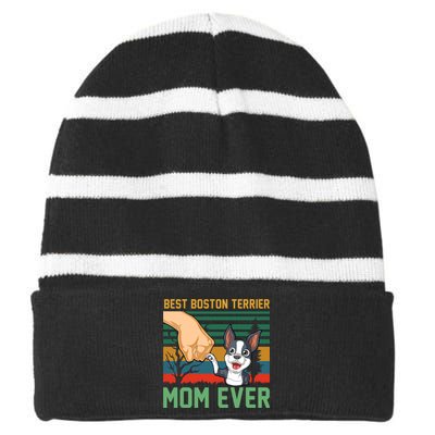 Best Boston Terrier Mom Ever Striped Beanie with Solid Band