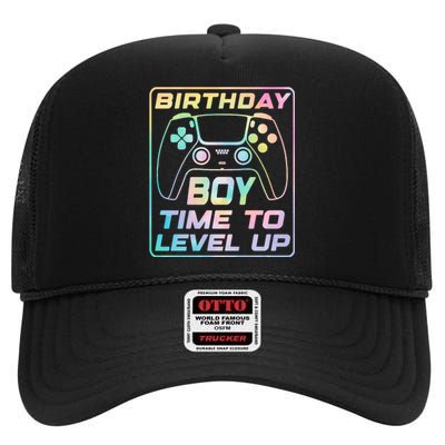 Birthday Boy Time To Level Up Funny Birthday Gamer High Crown Mesh Back Trucker Hat