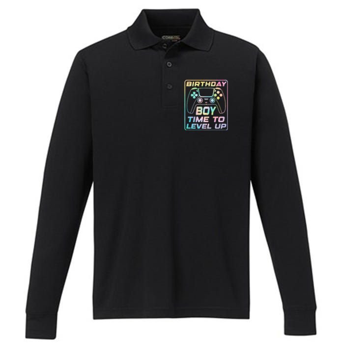 Birthday Boy Time To Level Up Funny Birthday Gamer Performance Long Sleeve Polo