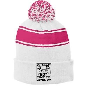 Birthday Boy Time To Level Up Funny Birthday Gamer Stripe Pom Pom Beanie