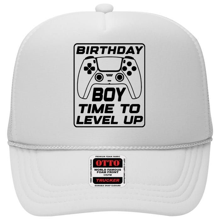 Birthday Boy Time To Level Up Funny Birthday Gamer High Crown Mesh Back Trucker Hat