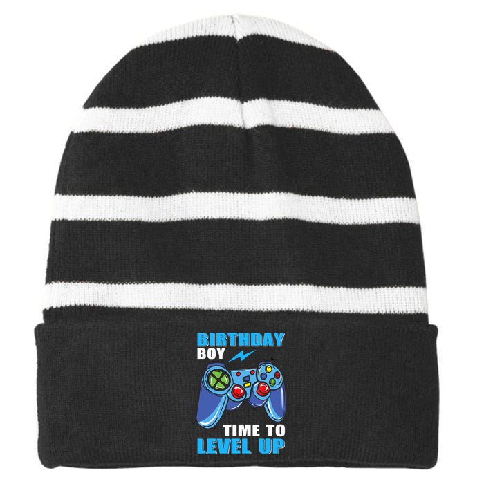 Birthday Boy Time To Level Up Video Game Boy Striped Beanie with Solid Band