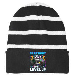 Birthday Boy Time To Level Up Video Game Birthday Gift Boy Striped Beanie with Solid Band