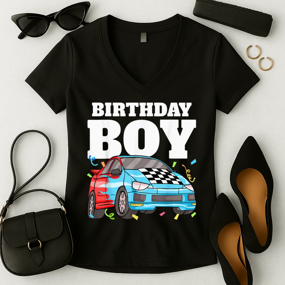 Birthday Boy Toddler Race Car Racing Car Driver Theme Women's V-Neck T-Shirt