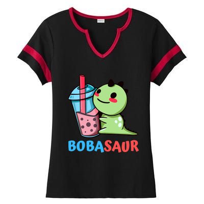 Bobasaur Bubble Tea Boba Dinosaur Kawaii Cute Dino Pun Ladies Halftime Notch Neck Tee