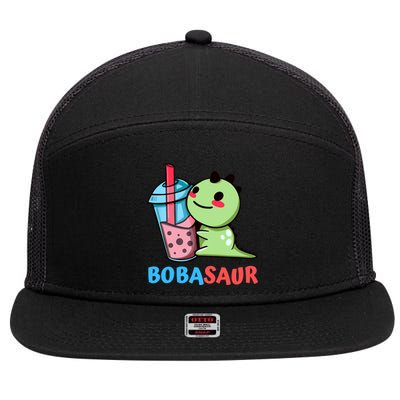 Bobasaur Bubble Tea Boba Dinosaur Kawaii Cute Dino Pun 7 Panel Mesh Trucker Snapback Hat