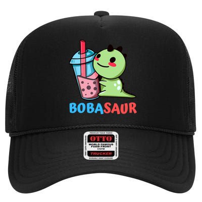 Bobasaur Bubble Tea Boba Dinosaur Kawaii Cute Dino Pun High Crown Mesh Back Trucker Hat