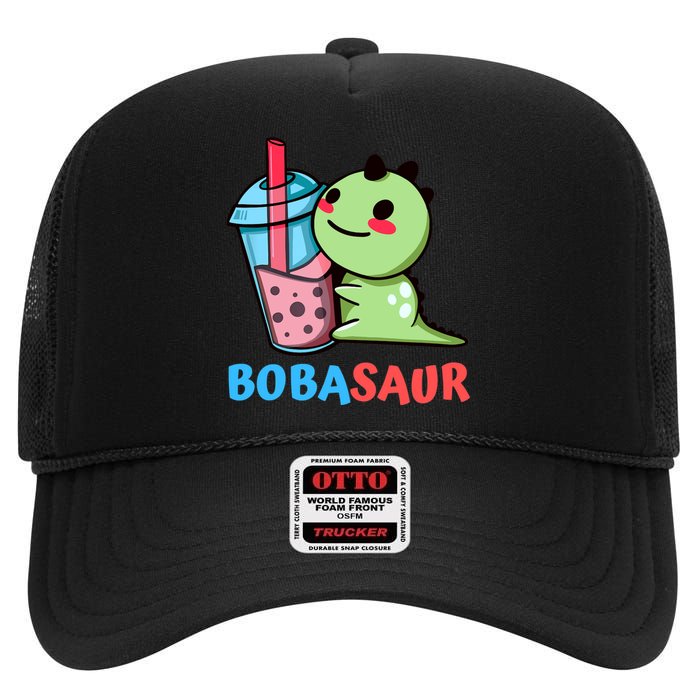 Bobasaur Bubble Tea Boba Dinosaur Kawaii Cute Dino Pun High Crown Mesh Back Trucker Hat