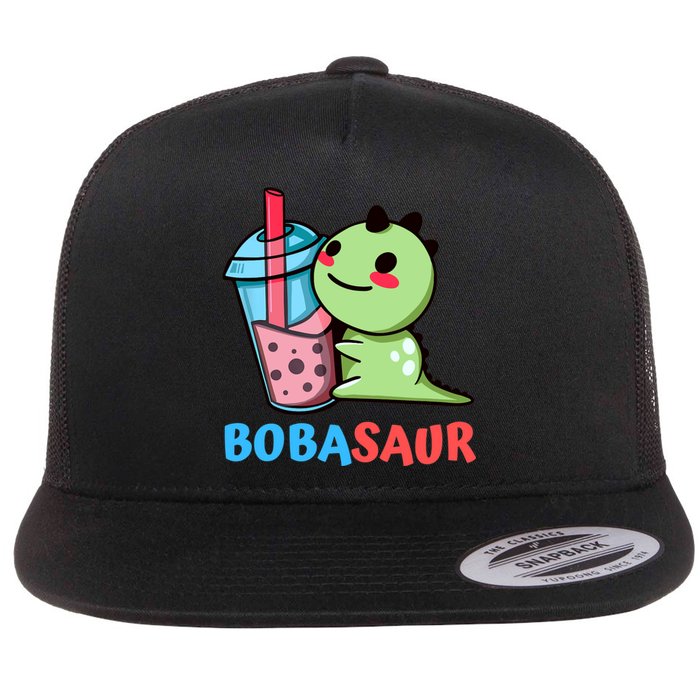 Bobasaur Bubble Tea Boba Dinosaur Kawaii Cute Dino Pun Flat Bill Trucker Hat