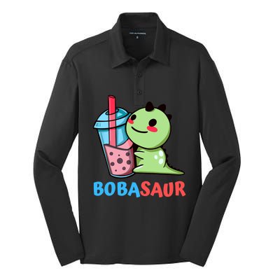 Bobasaur Bubble Tea Boba Dinosaur Kawaii Cute Dino Pun Silk Touch Performance Long Sleeve Polo