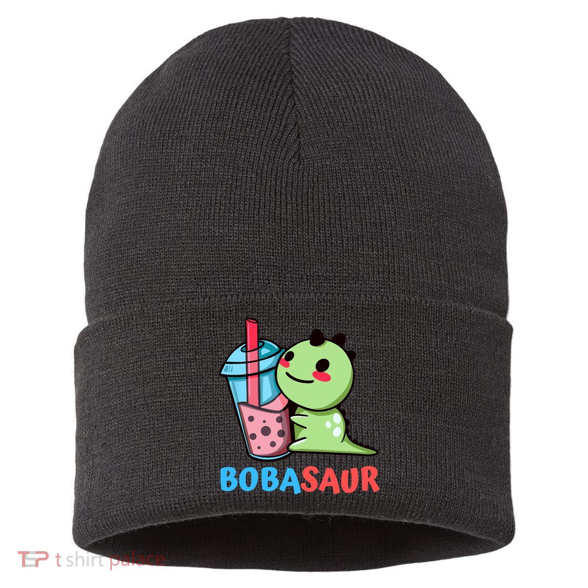 Bobasaur Bubble Tea Boba Dinosaur Kawaii Cute Dino Pun Sustainable Knit Beanie