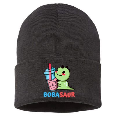 Bobasaur Bubble Tea Boba Dinosaur Kawaii Cute Dino Pun Sustainable Knit Beanie