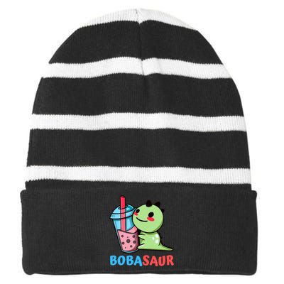 Bobasaur Bubble Tea Boba Dinosaur Kawaii Cute Dino Pun Striped Beanie with Solid Band