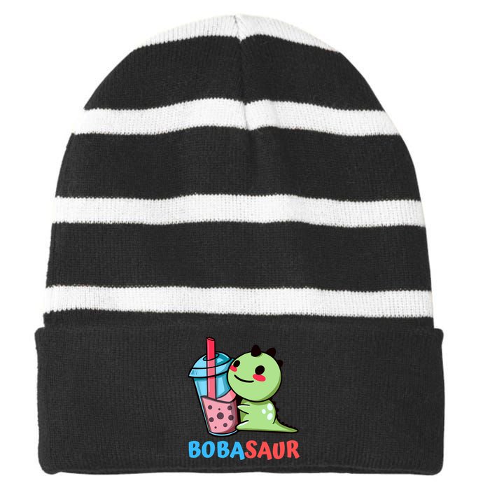 Bobasaur Bubble Tea Boba Dinosaur Kawaii Cute Dino Pun Striped Beanie with Solid Band