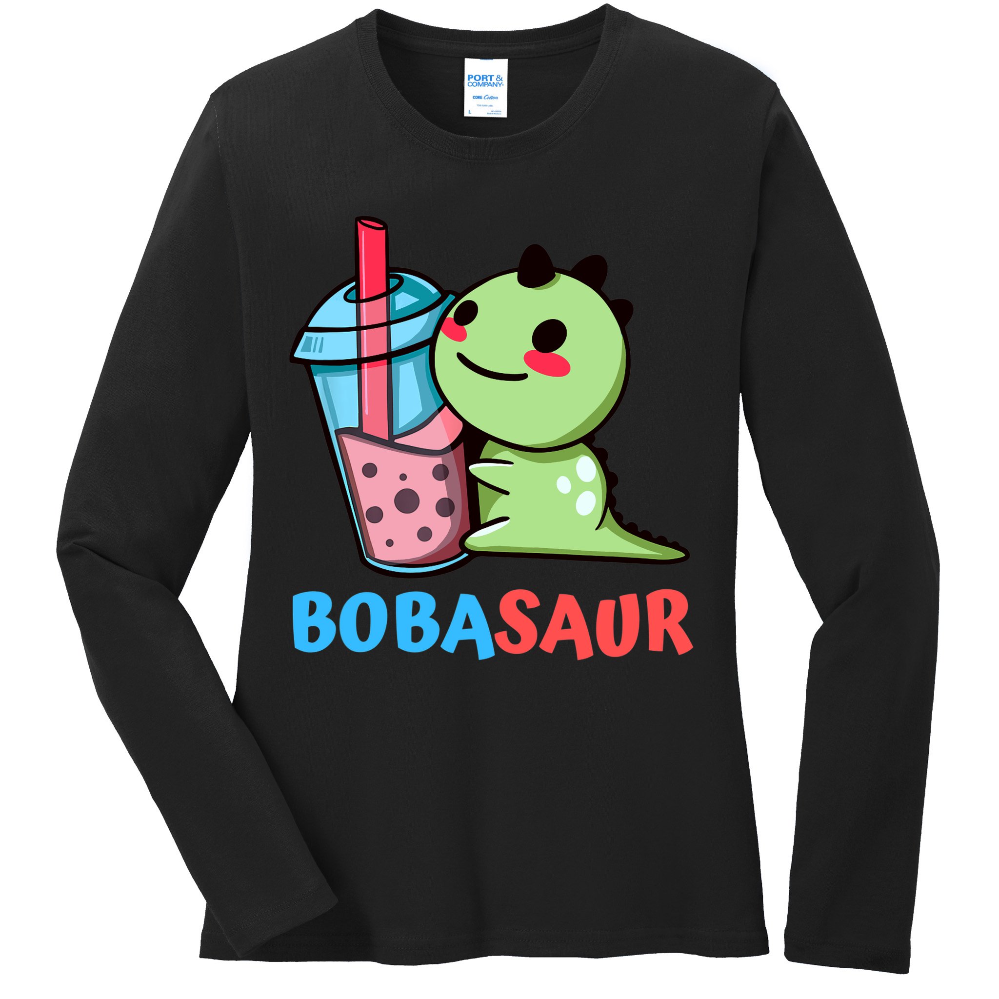 Bobasaur Bubble Tea Boba Dinosaur Kawaii Cute Dino Pun Ladies Long Sleeve Shirt