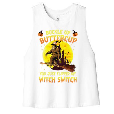 Bigfoot Buckle Up Buttercup You Just Flipped Women's Racerback Cropped Tank