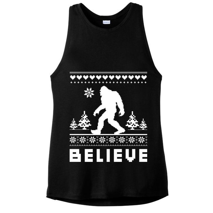 Bigfoot Believe Ugly Christmas Sweater Sasquatch Ladies PosiCharge Tri-Blend Wicking Tank