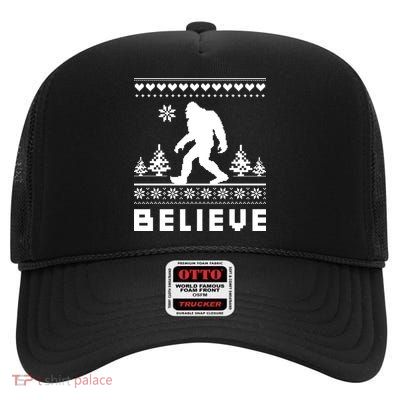 Bigfoot Believe Ugly Christmas Sweater Sasquatch High Crown Mesh Back Trucker Hat