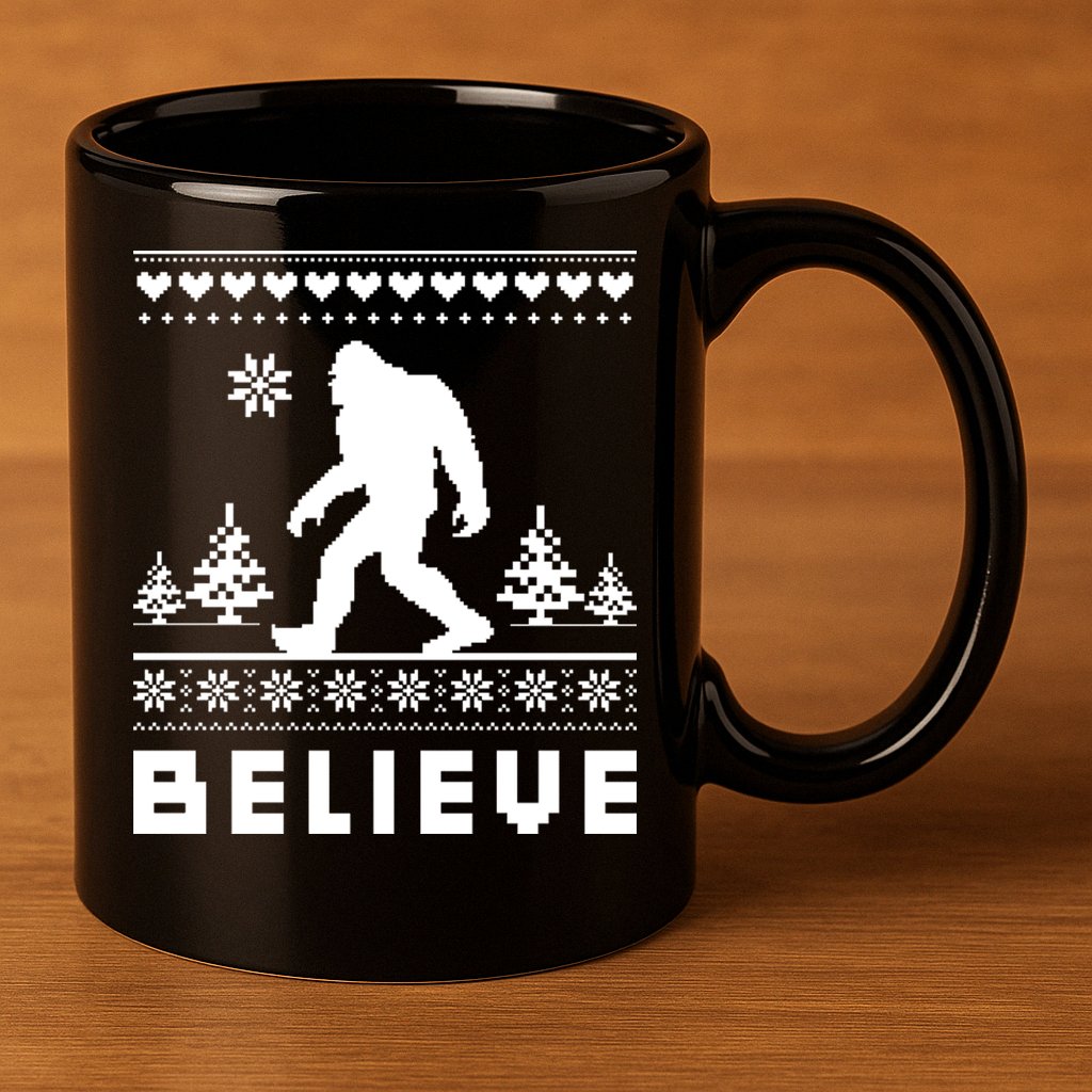 Bigfoot Believe Ugly Christmas Sweater Sasquatch 11oz C Handle Ceramic Mug