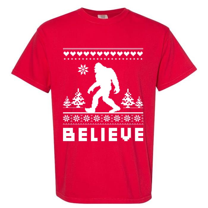 Bigfoot Believe Ugly Christmas Sweater Sasquatch Garment-Dyed Heavyweight T-Shirt