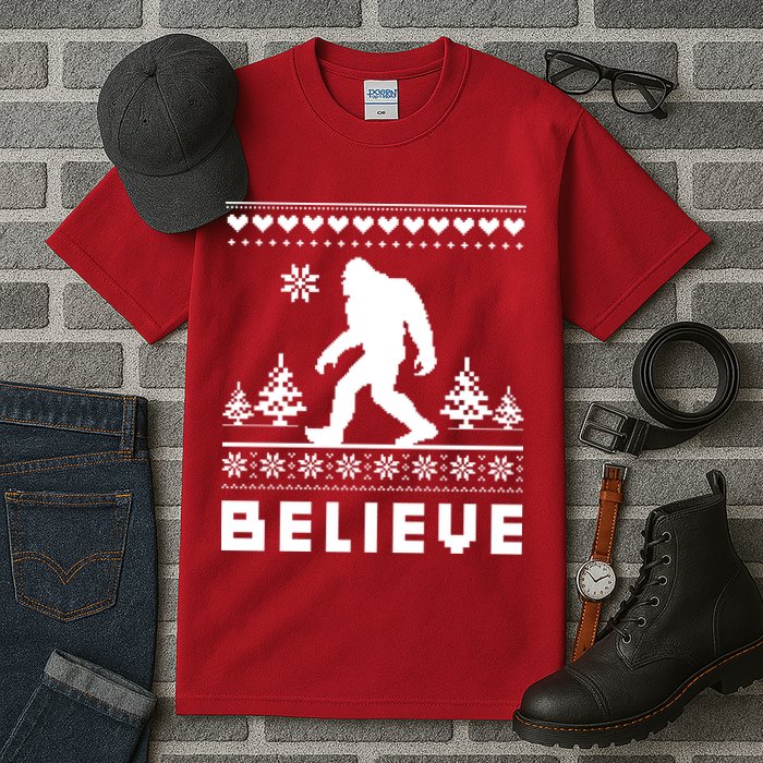 Bigfoot Believe Ugly Christmas Sweater Sasquatch Tall T-Shirt