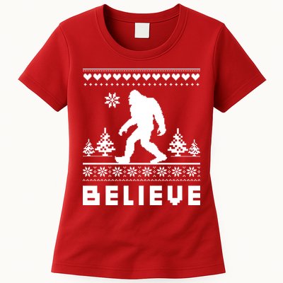 Bigfoot Believe Ugly Christmas Sweater Sasquatch Womens T-Shirt
