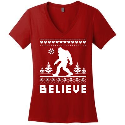 Bigfoot Believe Ugly Christmas Sweater Sasquatch Women's V-Neck T-Shirt